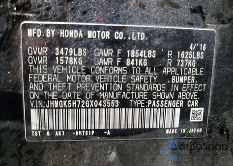 2016 Honda Fit Ex z USA, uszkodzony, nr VIN JHMGK5H72GX043553